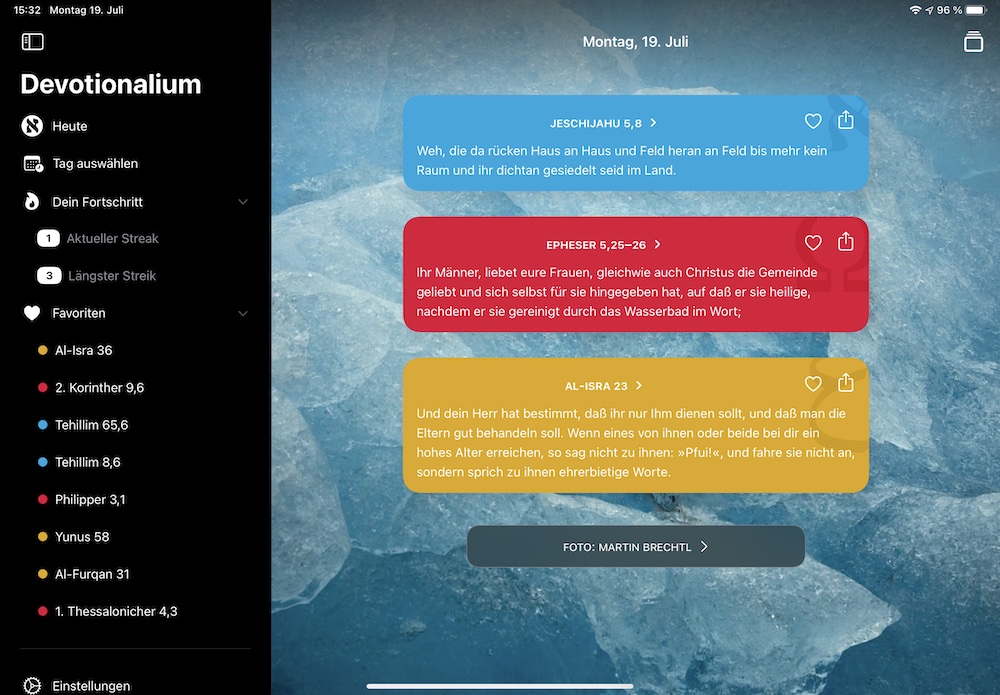 Screenshot vom Devotionalium für iPad, der die neue Seitenleiste zeigt